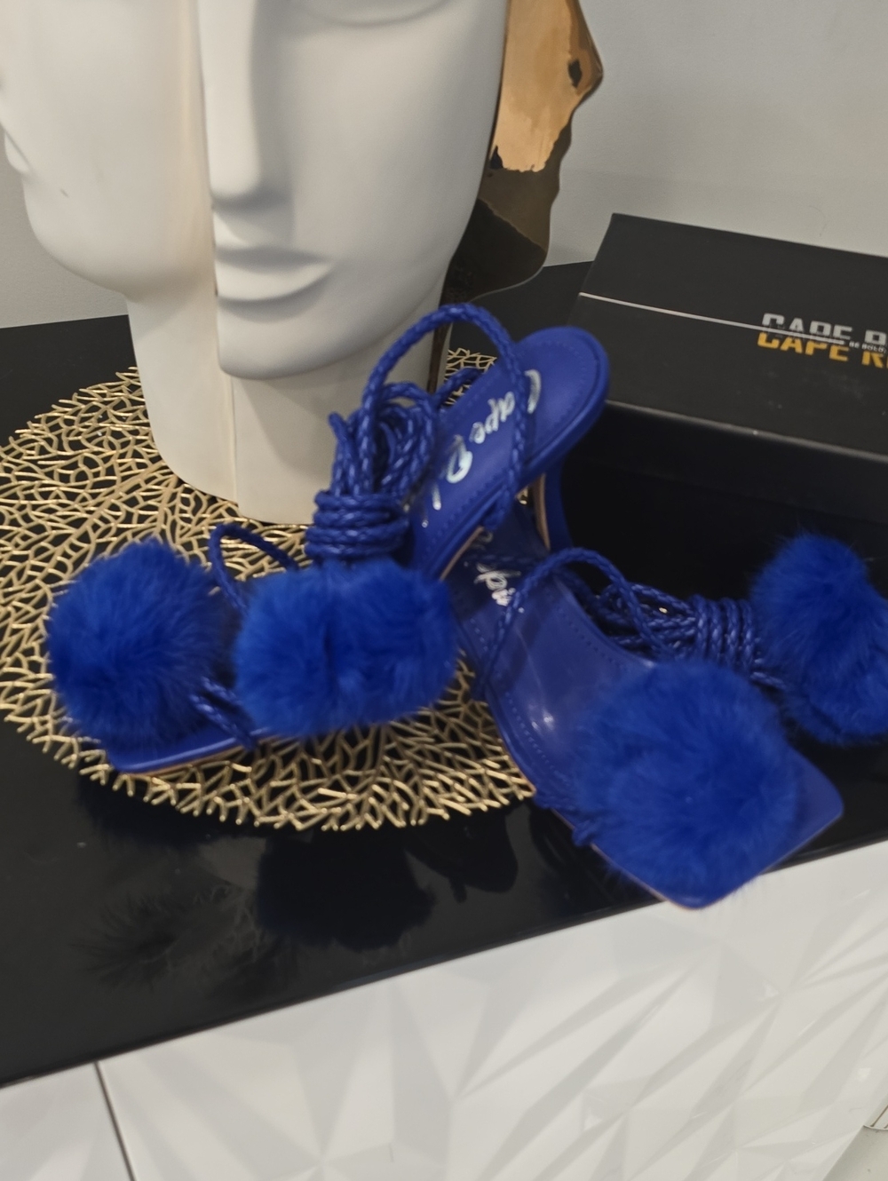 Cape Robbin Royal Blue Pom-Pom Strappy Heeled Sandals